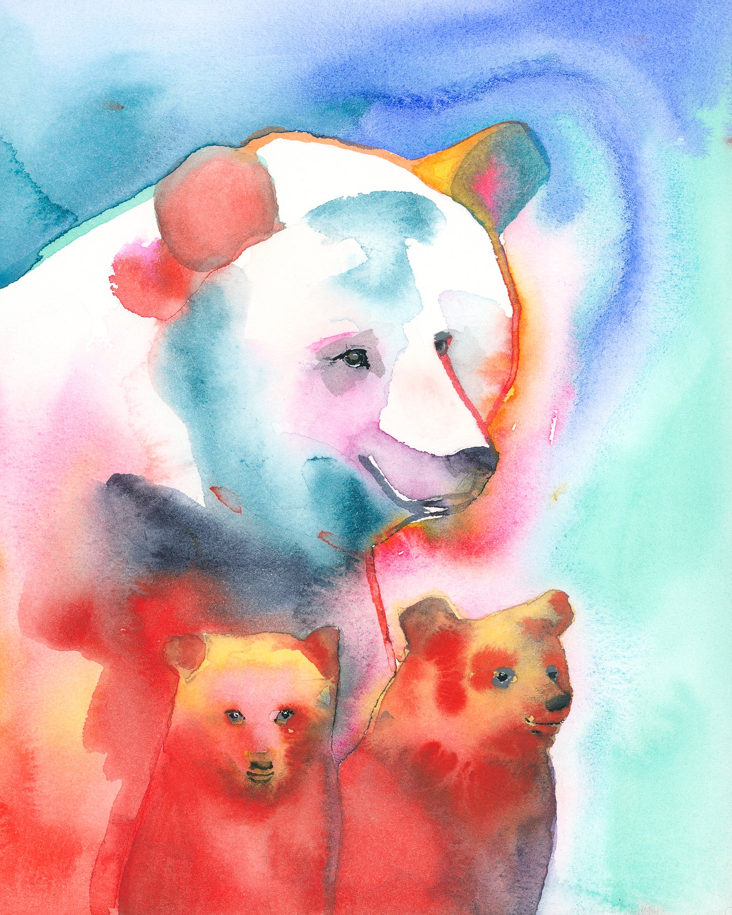 Mama Bear With Two Red Cubs